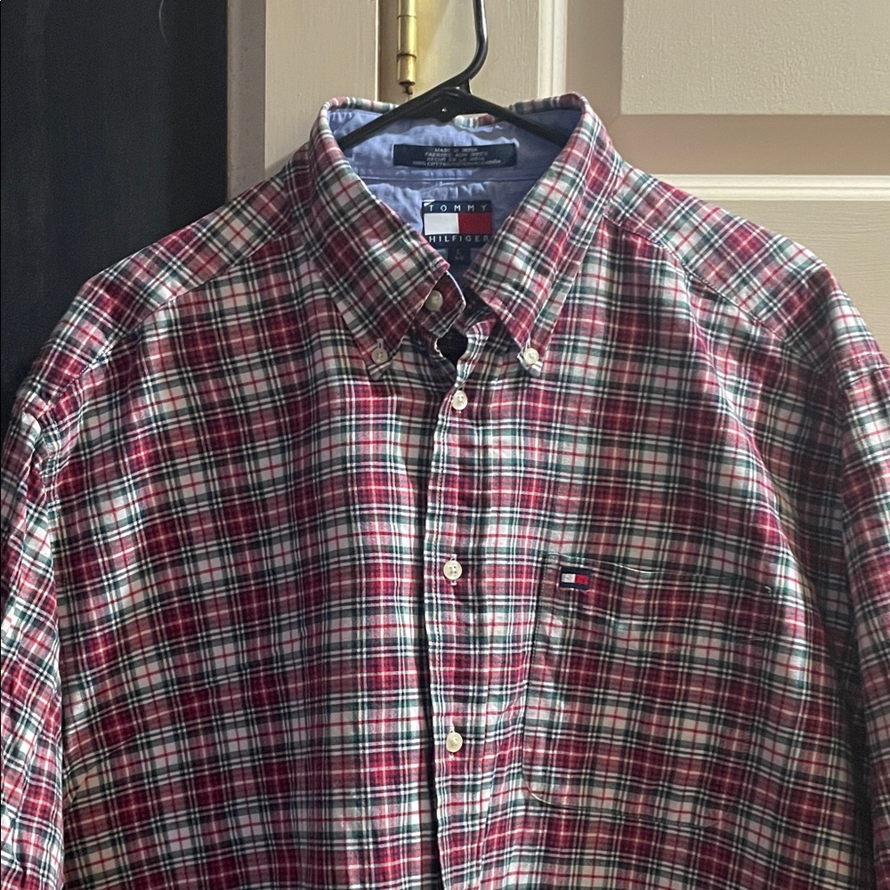 Tommy Hilfiger Red, Green and White Plaid Button-Down Shirt